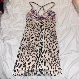 floral and leopard print chain strap dress